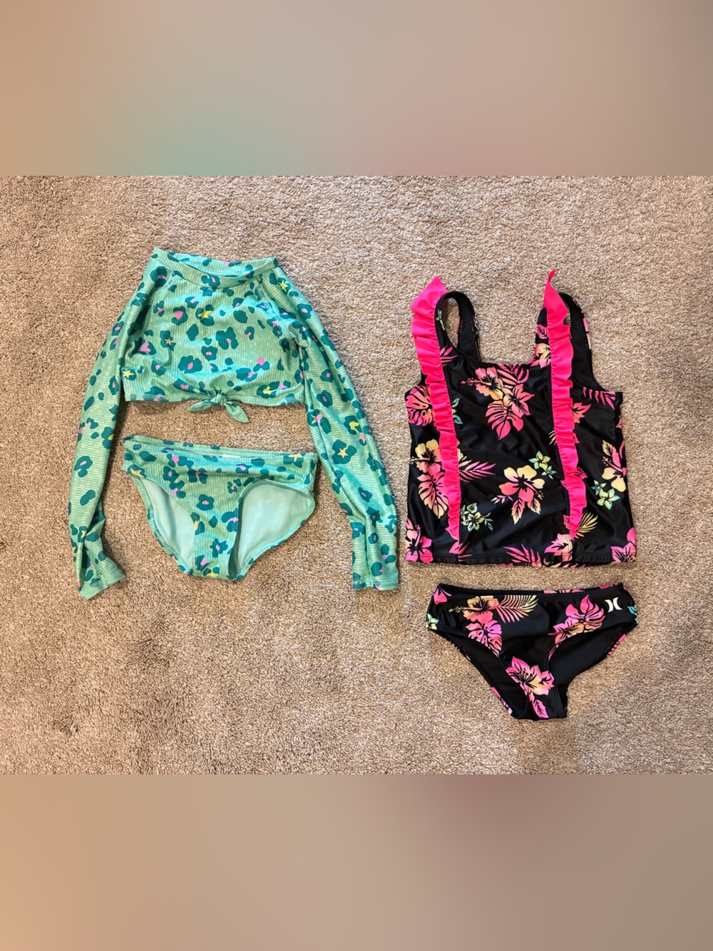 Kids Two-Piece Swim Set and Floral Ruffle Tankini - Green & Black